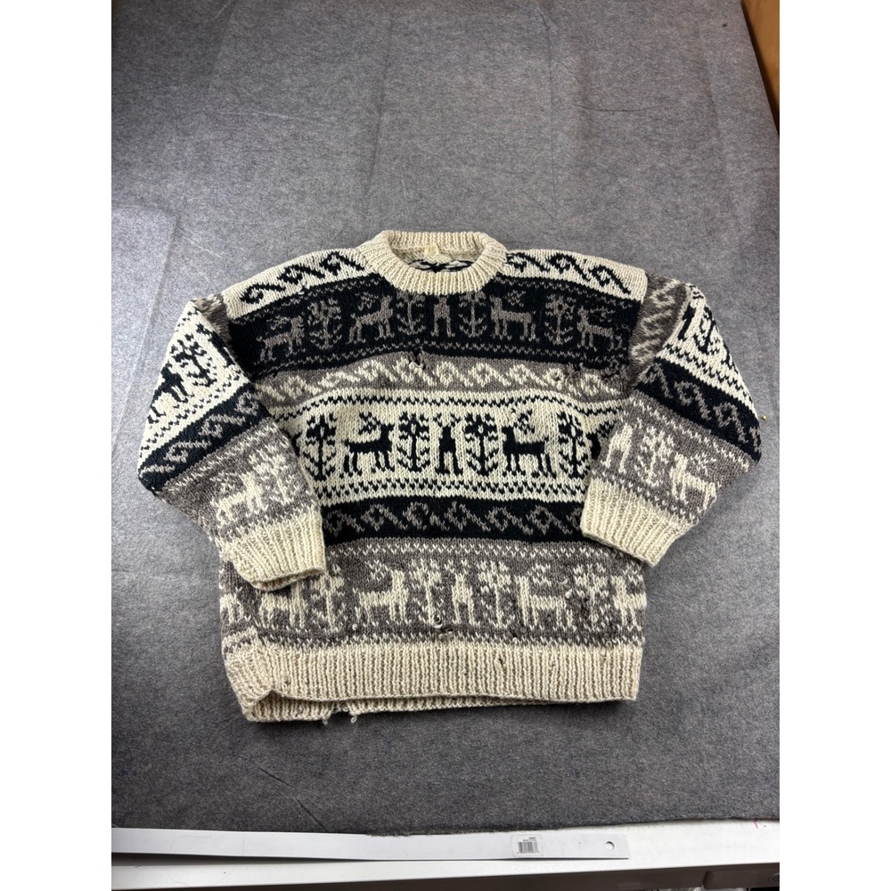 Handmade Nepal 100% Wool Reindeer Fair Isle Chunky Sweater Distressed Sz M? SEE
